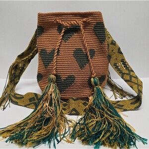 Mochila Wayuu Heart Pattern Hand Crochet Boho Ethnic Drawstring Shoulder Bag